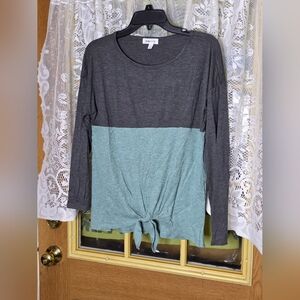 Hailey & Co. Two-Tone Tie-Front Long Sleeve Top - Charcoal & Seafoam